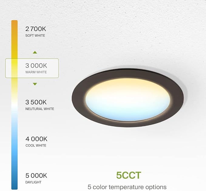 ASD 1 Pack LED Recessed Lighting 6 Inch 15W, 5 CCT 2700K-5000K CRI90+, IC Rated Ultra Thin Dimmable Ceiling Lights with J Box, Canless Wafer Downlight, Round Slim Panel Light, UL Energy Star, Bronze