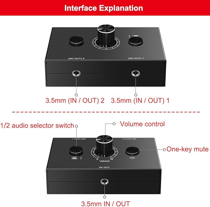 Audio Switcher 3.5mm Audio Selector Splitter Box Mini 2(1)-in-1(2)-Out Audio Sharing Manual Selector Compatible Active Speaker((3.5mm Stereo Audio Switcher)