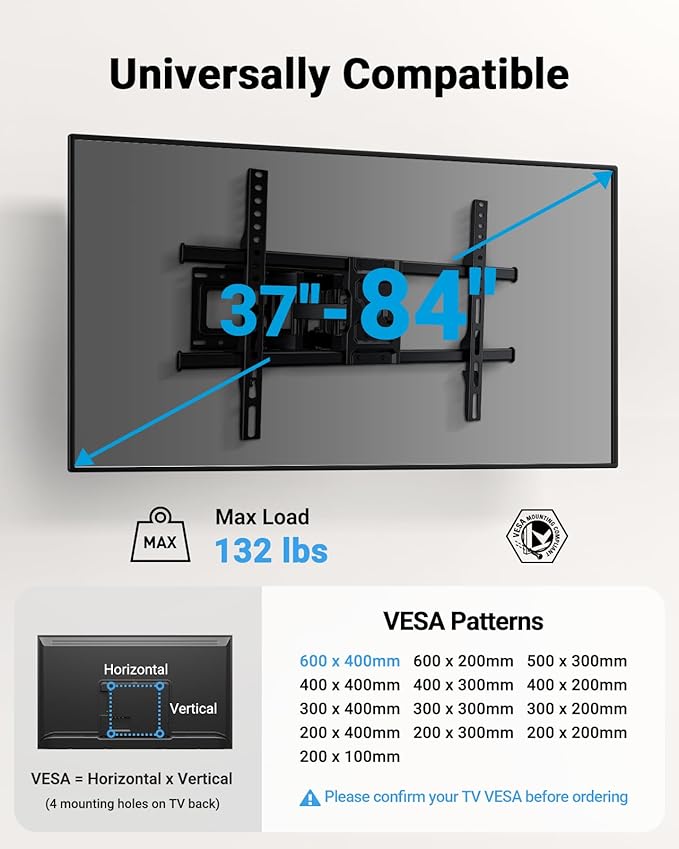 Pipishell Full Motion TV Wall Mount for Most 37-84 Inch TVs up to 132lbs, Wall Mount TV Bracket Articulating Swivel Tilt Extension Leveling Max VESA 600x400mm Fits 12/16" Wood Stud, PILFK1