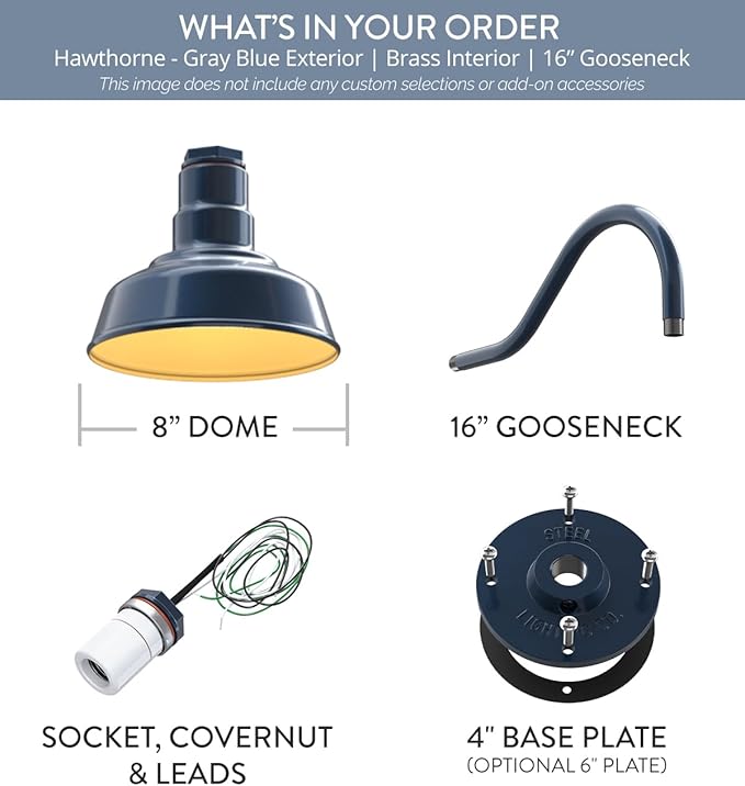 Steel Lighting Co. Hawthorne Barn Light | Outdoor Wall Mounted | 8 inch Dome | 16" Gooseneck | Small Farmhouse Light Made in America | Gray Blue Exterior/Brass Interior