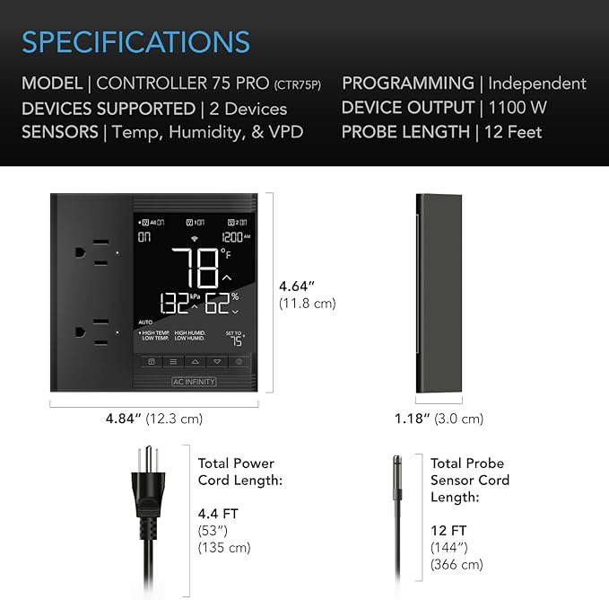 AC Infinity Controller 75 PRO, WiFi Outlet Controller, Independent Programs for Two Devices, Desktop Digital Thermostat with Temperature, Humidity, VPD, & Timer Controls, for Seed Starting Heat Mats