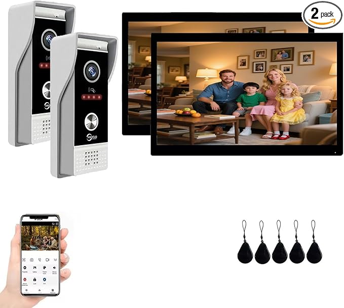 Video Doorbell Intercom System,10 Inches Touch Screen (Black) Video Doorbell Door Phone System,Support Remote Unlock, Dual-Way Intercom,Night Vision for Villa House Apartment (2-Camera + 2-Monitor)