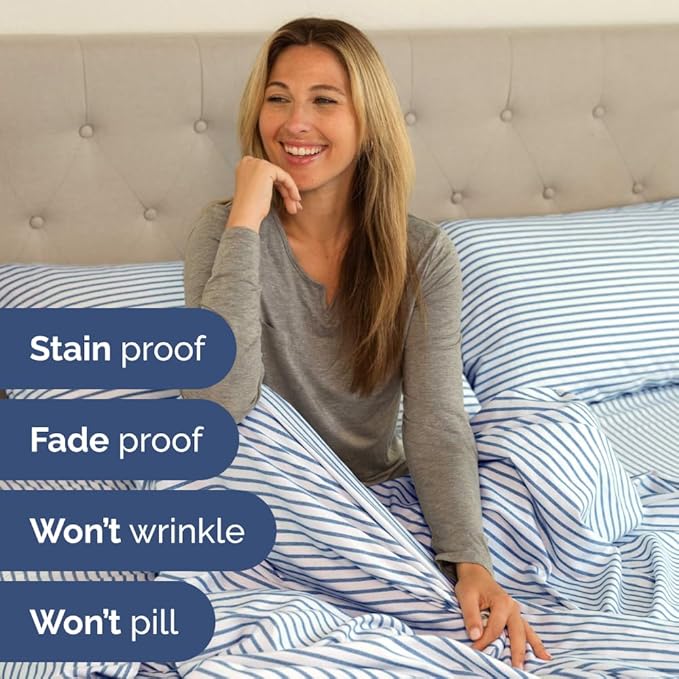 Full XL Bed Sheet Set - 4 Piece Extra Long Extended Full XL Sheets - Soft, Breathable & Cooling - Fits 8" to 16" Mattress with Deep Pockets - 54" x 80" - Wrinkle and Fade Resistant - Blue Stripes 2