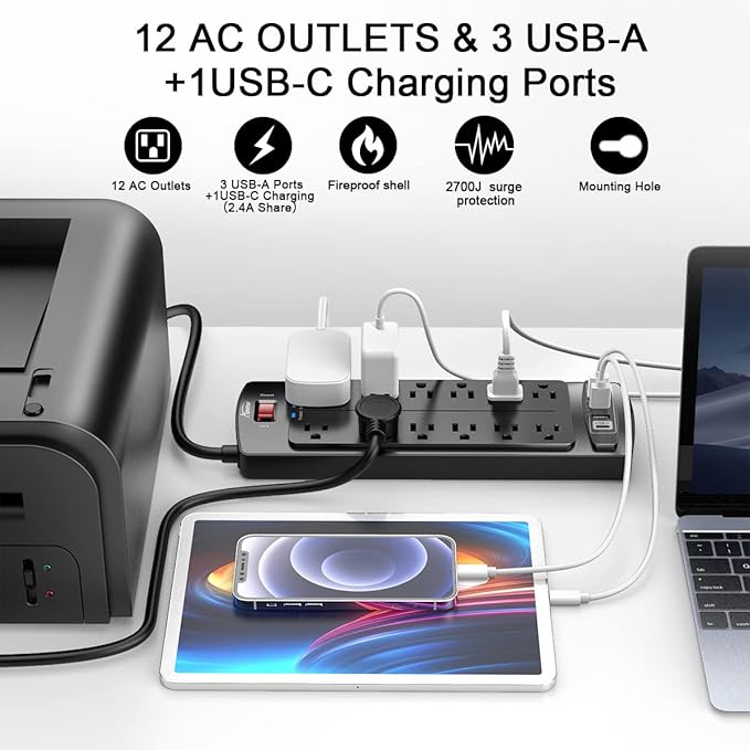 Power Strip, ALESTOR Surge Protector with 12 Outlets and 4 USB Ports(1 USB C Port), 20 Feet Extension Cord (1875W/15A), 2700 Joules, ETL Listed, Black
