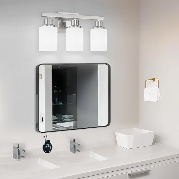 DIKAIDA 3-Light Bathroom Light Fixtures, Nickel Vanity Light, Modern Bathroom Wall Lights Over Mirror, Farmhouse Wall Sconces Lighting for Bedroom Living Room
