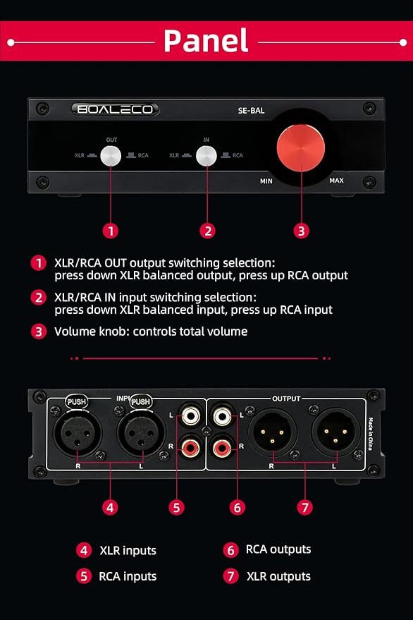 SE-BAL Audio Switch RCA XLR 2-IN-2-OUT HiFi Balanced Stereo Audio Switcher, Premium Selector Splitter Box with Volume Controller
