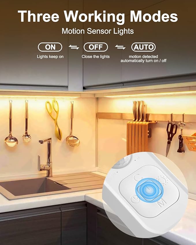Feuymoent Motion Sensor LED Strip Light - Cabinet Strip Lights with 24W Plug, Dimmer, and Timing, 16.4ft for Under Cabinet, Kitchen, 3000K WarmWhite
