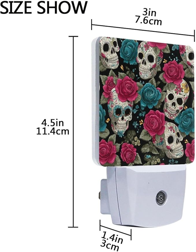 Pigsaly Led Night Light Halloween Sugar Skulls Pink Blue Roses Night Light Plug in Wall Lamp Smart Dusk to Dawn Sensor Nightlight Led Lamp Energy Saving Lights Gift for Kids Room Bedroom Bathroom Hal