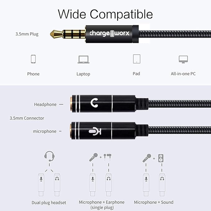 ChargeWorx 3.5mm Mic and Headphone Jack Splitter, Y-Splitter Adapter with High-Fidelity Sound Quality, Compatible with Smartphone, PC, Laptop, Tablet, and Gaming Consoles, Tangle-Free Cable