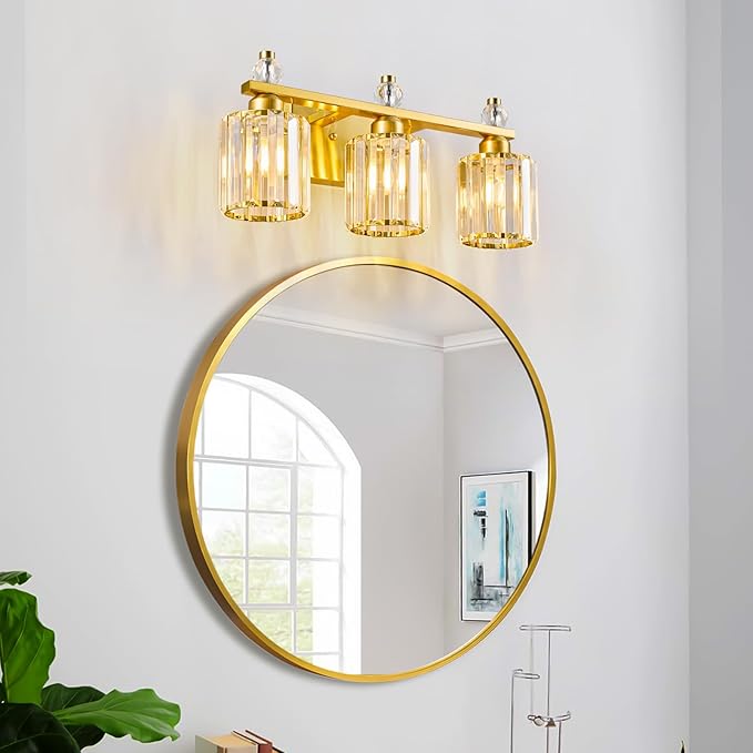 FDPBY Bathroom Vanity Lights 3-Light Gold Modern Crystal Vanity Light Fixtures Over Mirror Crystal Bathroom Vanity Lighting Fixtures