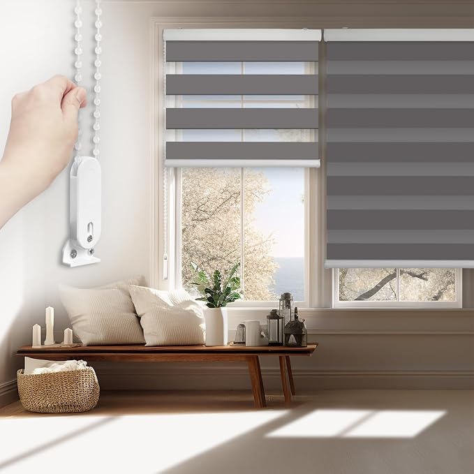 FOIRESOFT Standard Custom Blackout Zebra Roller Blinds [Bonita, Pure Dark Grey, W 10-109 x H 10-105 inch] Dual Layer Privacy Shade, Room Darkening, Select 1x1 for Custom