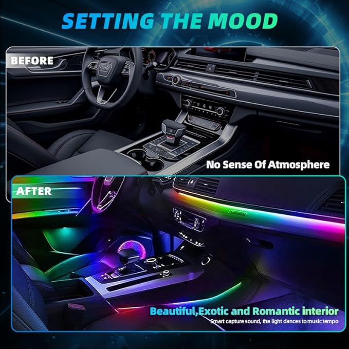 Acrylic Interior Car LED Strip Lights, Colorful 18-in-1 Car Ambient Lighting Kit, with Wireless APP Control, 622 LED Fiber Optic Strip Lights for Cars, Supports Neon Sync with Music DIY Mode.