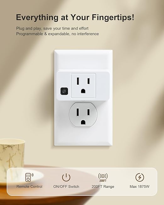 Wireless Remote Control Outlet, 200FT Long Range Remote Light Switch, Mini Remote Outlet Plug, 15A/1875W High-Power for Lamps, Lights, Household Appliances, FCC & ETL Listed (5 Outlets + 2 Remotes)