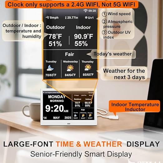 FEYBYLA 2025 New Digital Clock with Temperature/Humidity & Weather Forecast, Auto Time Sync Large Display, Custom Alarms & Medication Reminders, Ideal for Elderly (White, 10.1inch)