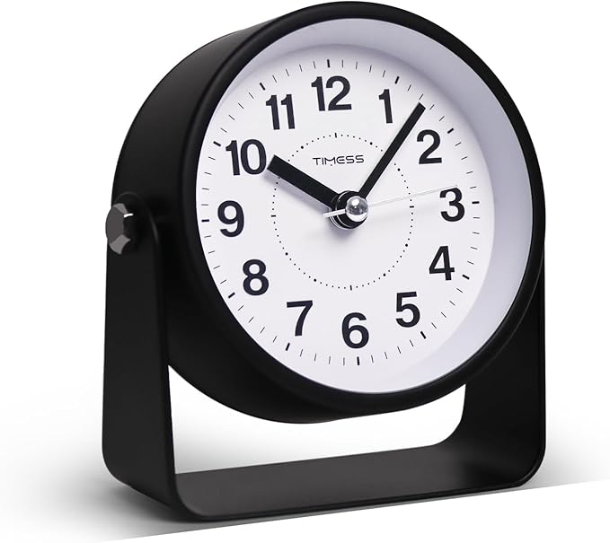 TIMESS Analog Alarm Clock, Silent Non-Ticking Quartz Movement, Battery-Operated with Snooze & On-Demand Light, Easy to Set Gentle Wake Bedside Desk Clock, Ideal for Home, Travel, Office (Black)
