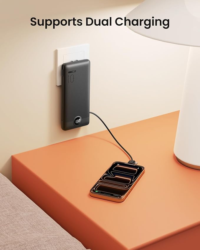 Coowisty Portable Charger with Wall Plug, Slim USB C Power Bank with Built-in Cables, 10000mah LED Display External Battery Pack Compatible with iPhone/Android & More (Black)