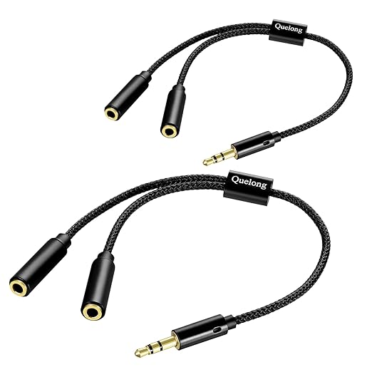Quelong 2Pcs Headphone Splitter, Dual Headphone Nylon Braided Extension Cable, Hi-Fi Audios Stereo Y Splitter 3.5mm 2 Female 1 Male, Suitable for Phones, PS4, Amplifiers, Smartphones, Tablets,etc.