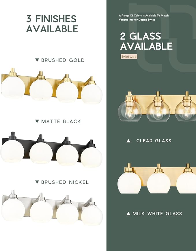 METWET Bathroom Light Fixtures, 4 Light Brushed Gold Vanity Light, 26 Inch Modern Wall Sconces with Globe Milk White Glass Shade, Vanity Lighting Fixtures Over Mirror, VL195-BG-ML-4