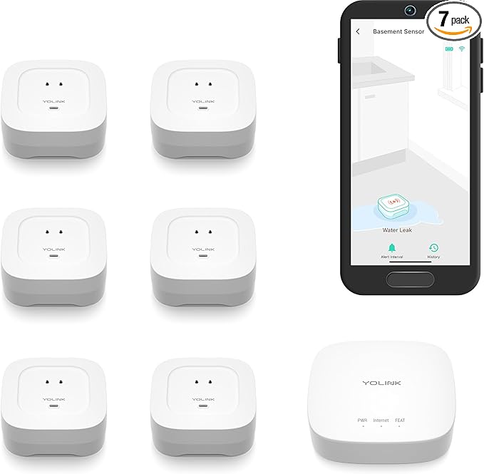 YoLink Water Leak Starter Kit: Hub + 6 Leak Sensor 4 (105 dB Siren), LoRa Long-Range, App/SMS/Email Alerts, D2D Offline, 2 AAA Up to 5-Year Battery, Compatible with Alexa/IFTTT/Home Assistant