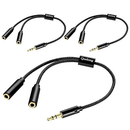 Quelong 3Pcs Headphone Splitter, Dual Headphone Nylon Braided Extension Cable, Hi-Fi Audios Stereo Y Splitter 3.5mm 2 Female 1 Male, Suitable for Phones, PS4, Amplifiers, Smartphones, Tablets,etc.