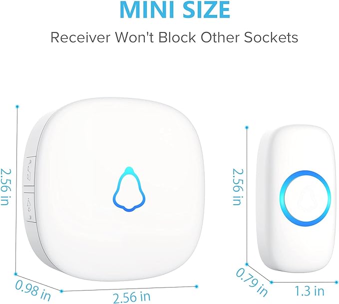SECRUI Wireless Doorbell, Mini Door Bell with 58 Chimes 5 Volume Levels, 1 Waterproof Button 2 Plug in Receiver, White Doorbell with Led Blue light for Home/Classroom/Office