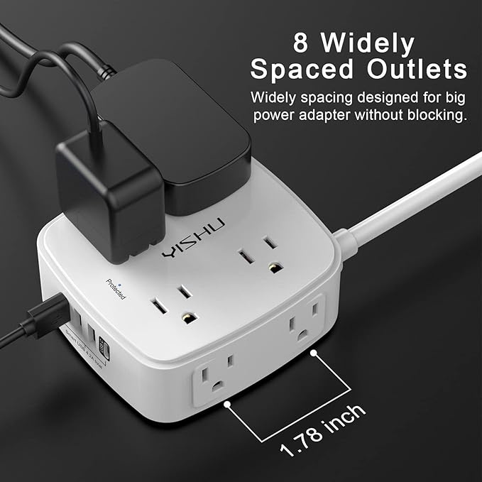 5Ft Surge Protector Power Strip - 8 Widely Outlets with 4 USB Ports, 3 Side Outlet Extender with 5 Feet Extension Cord, Flat Plug, Wall Mount, Desk USB Charging Station, ETL,White