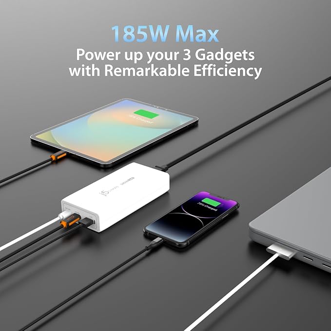 j5create 185W GaN USB-C/A 3-Port Laptop Super Charger w/Power Delivery 3.1, Supports MacBook Pro MagSafe 140W, Power and Charge Laptops/Tablets/Phones/Game Consoles (JUP37185W)