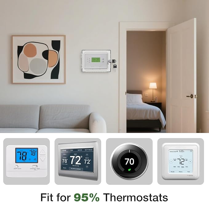 AUURIO 6 PCS Upgraded Thermostat Lock Box with Key, Large Space Thermostat Cover Seamless Anastomosis, Clear Decorative AC Lock Box Cover on Wall Fits Thermostats 4.8" H x 6" W or Smaller