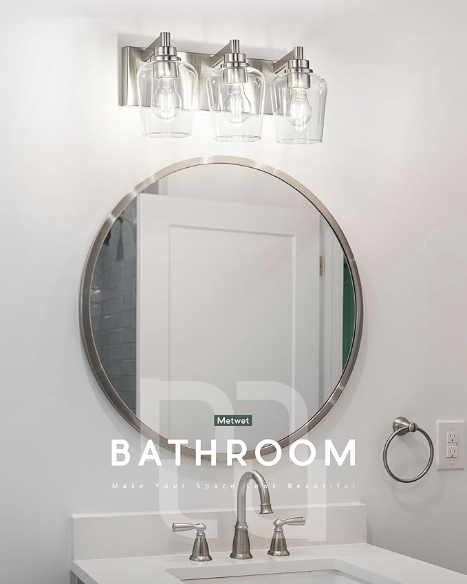 METWET Bathroom Light Fixtures, 3-Light Modern Vanity Light with Clear Glass Wine Glass-Shaped Shade, Vanity Lighting Fixtures Over Mirror, Brushed Nickel, VL155-BN-3
