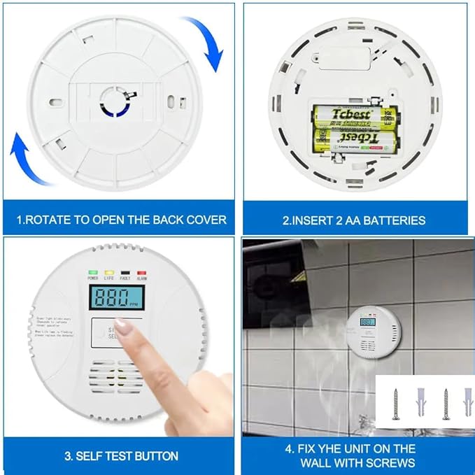 Carbon monoxide detector powered by AA battery (not included), Vzmcov CO monitoring alarm with LCD display screen, used for home basement kitchen, hotel garage, bedroom, living room voice alarm 2 Pack