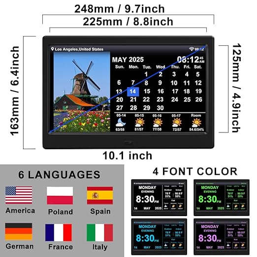 FEYBYLA 2025 New Digital Clock with Temperature/Humidity & Weather Forecast, Auto Time Sync Large Display, Custom Alarms & Medication Reminders, Ideal for Elderly(Black, 10.1-Inch)