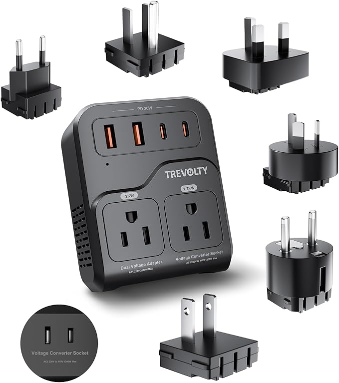 TREVOLTY 2000W Voltage Converter US to Europe, 220V to 110V Converter for Hair Dryer, 7-in-1 European Travel Plug Adapter with 3AC/2USB-A/2USB-C (PD20W), Travel Essentials with US/JP/FR/DE/UK/AU/EU