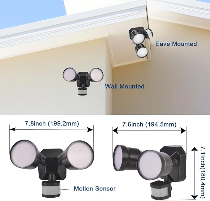EMANER Motion Sensor Light Outdoor, Dusk to Dawn Floodlight 5000K, 4-Mode Security Light 2800lm Waterproof, 120V Eave Mount Spotlight for Porch Garage Backyard (1Pack, Black)