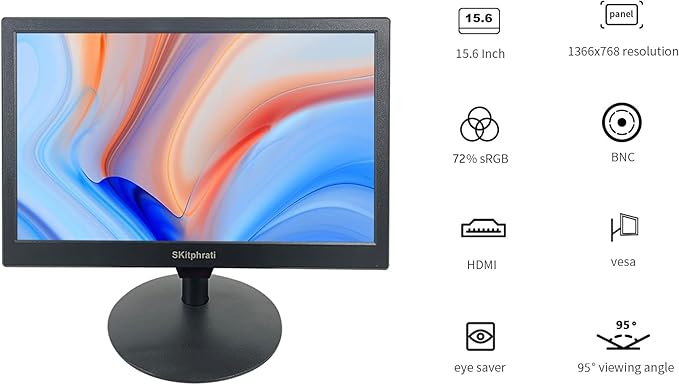 SKitphrati 15.6 Inch Small Computer PC Monitor, 1366x768 Video Screen With HDMI VGA BNC Ports, VESA Mounting, NVR/DVR for Home Office, Built-in Speakers