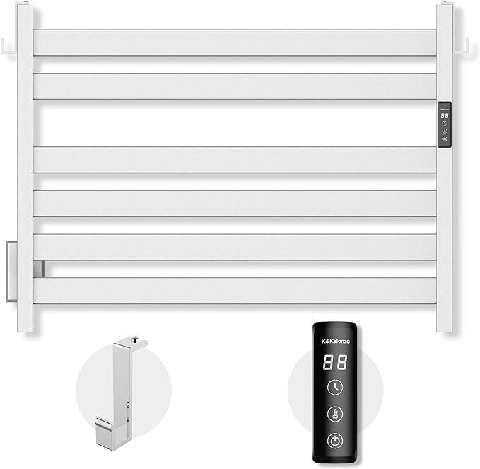 K&KALONZO Towel Warmer for Bathroom, Wall-Mounted 6-Bar Heated Towel Rack with Built-in Timer, Waterproof Electric Towel Heater, Support Plug-in and Hardwired, Brushed, EL18M