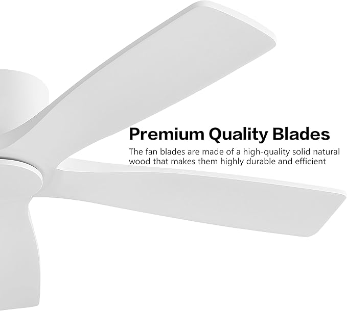 WINGBO 48" Flush Mount DC Ceiling Fans Without Lights, 5 Carved Solid Wood Blades, 6-Speed Reversible DC Motor, Low Profile Hugger Ceiling Fan No Lights for Living Room Bedroom Patio, Gloss White