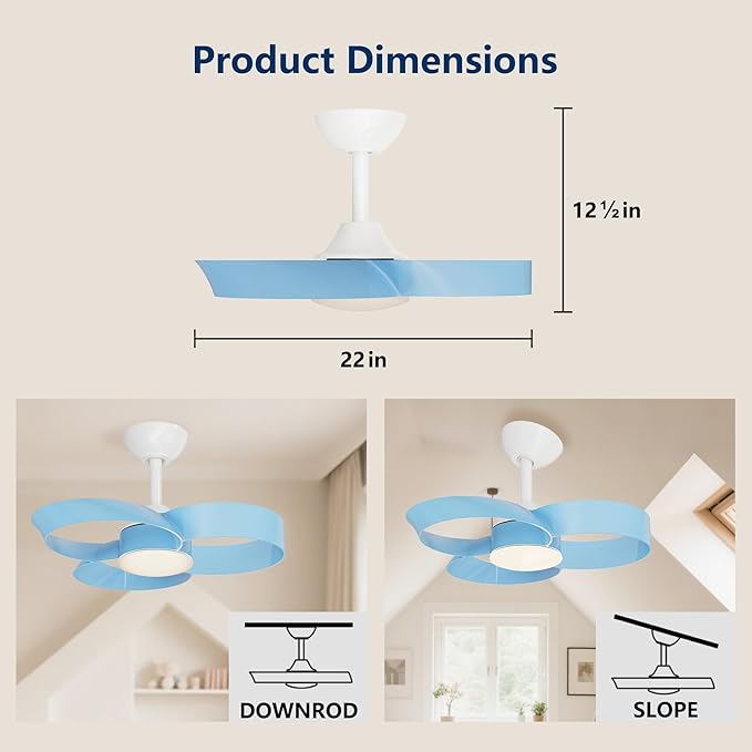 FANX 22 Inch Ceiling Fan with Light and Remote, Quiet DC Motor, Dimmable LED, Reversible 3-Speed Control, Easy Installation Flush Mount Fan for Small Rooms (Blue)