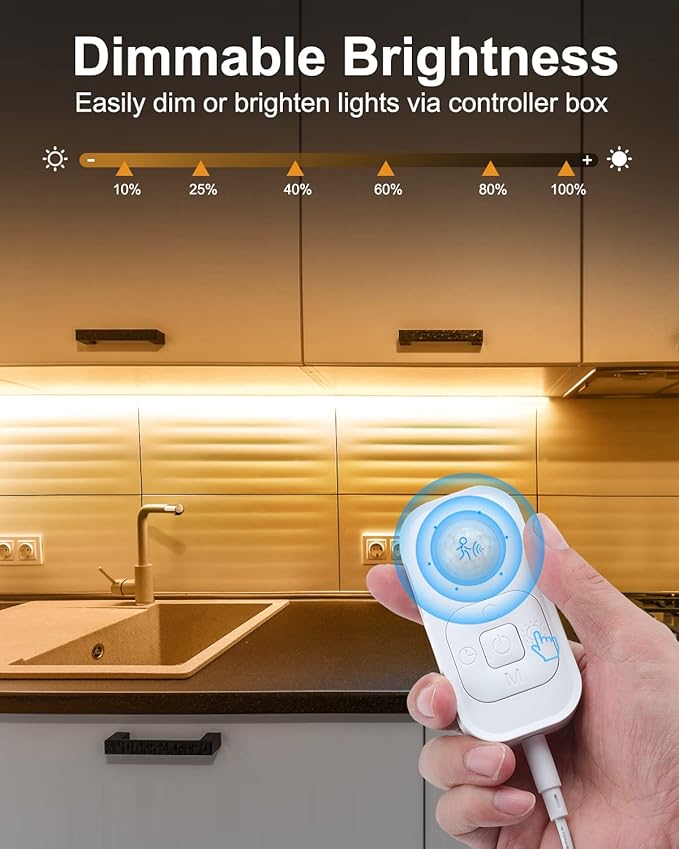 Feuymoent Motion Sensor LED Strip Light - Cabinet Strip Lights with 24W Plug, Dimmer and Timing, 9.84ft 3000K WarmWhite