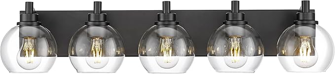 METWET Bathroom Light Fixtures, 5 Light Matte Black Vanity Light, 32 Inch Modern Wall Sconces with Globe Clear Glass Shade, Vanity Lighting Fixtures Over Mirror, VL195-MB-CL-5