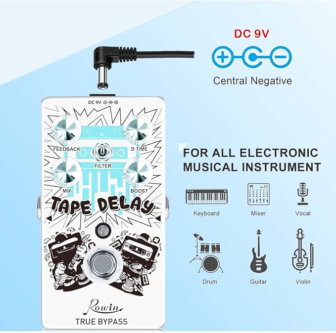 Rowin Tape Delay Guitar Pedal with Reverb Boost Effect Pedal Full Size True Bypass RE-01