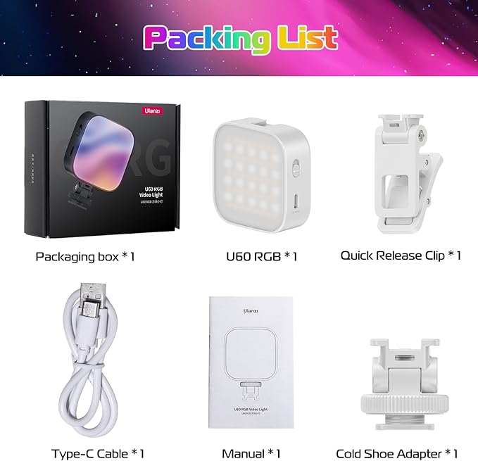 ULANZI U60 RGB Video Lights White LED Camera Light 360° Full Color Portable Photography Lighting w Quick Release Cold Shoe Adapter and Clip, 2500mAh Rechargeable CRI 95+ 2500-9000K Dimmable Panel Lamp