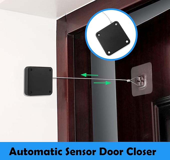 Rierdge Set of 2 Punch-Free Automatic Sensor Door Closer, Multifunctional Drawstring Auto Door Closer for Residential Commercial Bedroom Room Storm (Black & White)