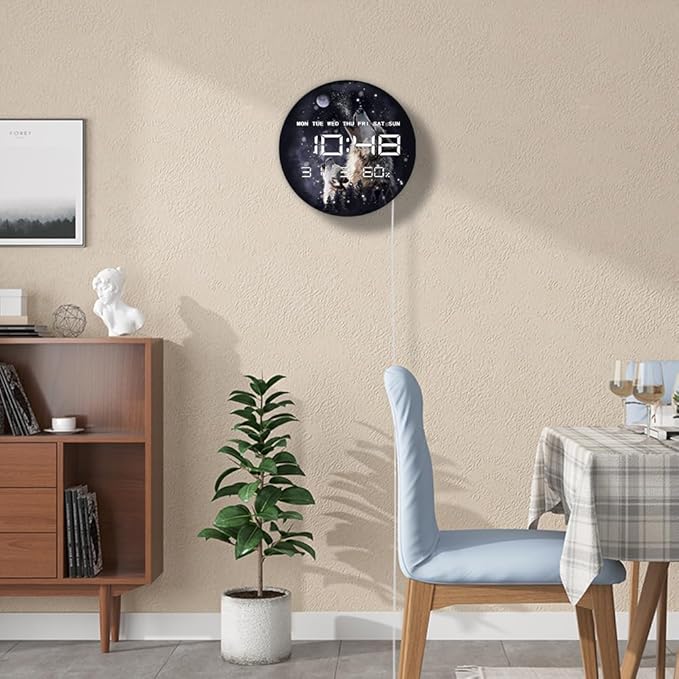 Timethink 12'' Full Moon Howling Wolves Digital Wall Clock Large Display, Forest Wildlife Wolf Decor Electric Wall Clock Auto-Brightness, Temperature, 12/24hr, Date, USB Powered for Man Cave Bedroom