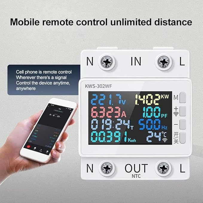 LCD Digital Energy Meter, Single Phase Energy Meter, Din Rail Electricity Usage Monitor, Power Usage Monitor AC170V~270V Power Voltage Meter(KWS-302WF)