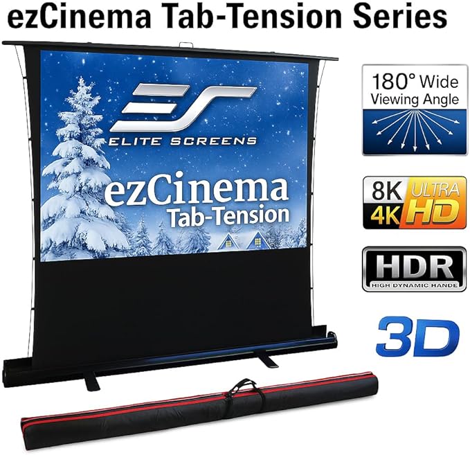 Elite Screens ezCinema Tab-Tension, 100" Portable Floor Rising Projector Screen, 4:3, Tab-Tensioned Scissor-Backed, Manual Pull Up Projection Screen + Carry Bag, Home Office Classroom, Black- FT100XWV