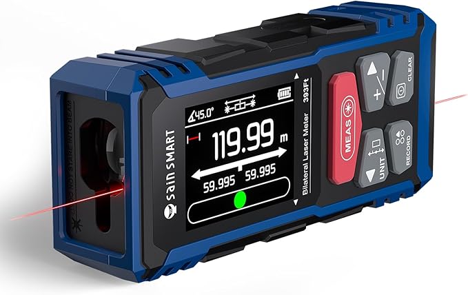 SainSmart Dual Laser Measuring Tool, 393Ft Red Bilateral Distance Meter with Backlit LCD, Rechargeable, Multi-Unit, Electronic Level, Length/Area/Volume/Angle Sensor/PC Data Transfer,Laser Class 2