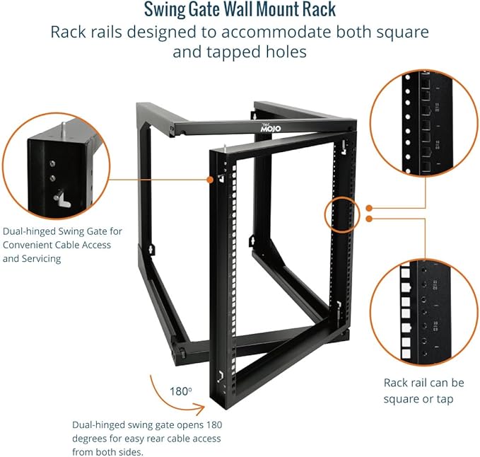 Tecmojo 12U Wall Mount Server Rack, Open Frame Network Rack for 19" Computer/AV/Data/IT/Media Equipment, 24" Depth, 16" Apart Mounting Holes, Swing Gate, Square and Tapped Holes