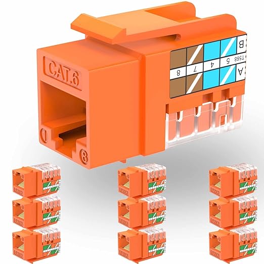 Rapink RJ45 Keystone Jack Cat6 10G Support, Cat6 Keystone Jacks UTP 10 Pack for Wall Plate and Patch Panel, Rj45 Keystone 90 Degree Orange Color for Cat 6, Cat5e, Cat5 Cabling