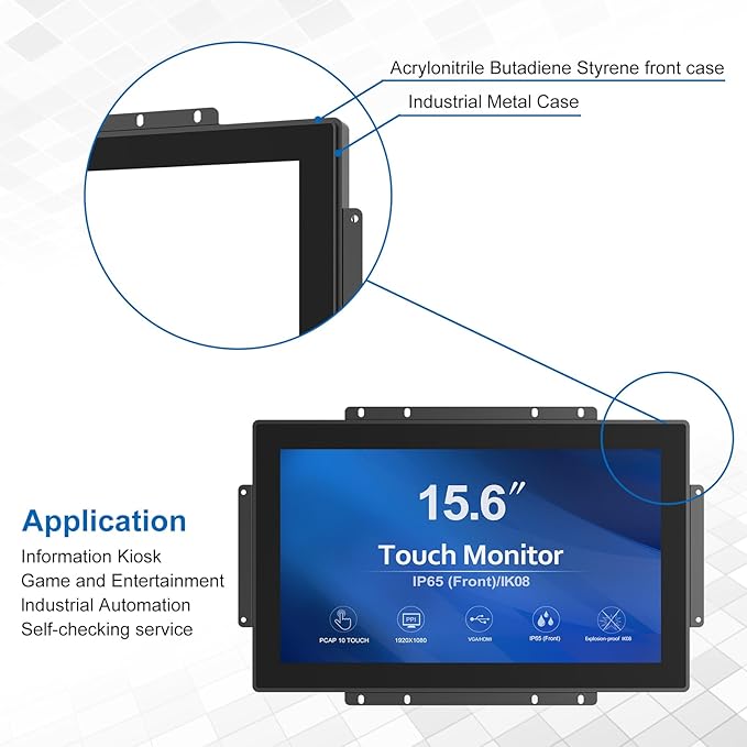 High Brightness 15.6 Inch Industrial Outdoor Open Frame Touch Screen Monitor Wall Mount Embedded Touch Monitor - VGA+HDMI+DVI Port - 16:9