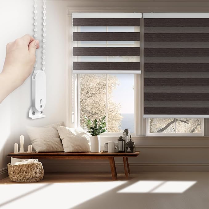 FOIRESOFT Standard Custom Blackout Zebra Roller Blinds [Bonita, Dark Brown, W 10-109 x H 10-105 inch] Dual Layer Privacy Shade, Room Darkening, Select 1x1 for Custom